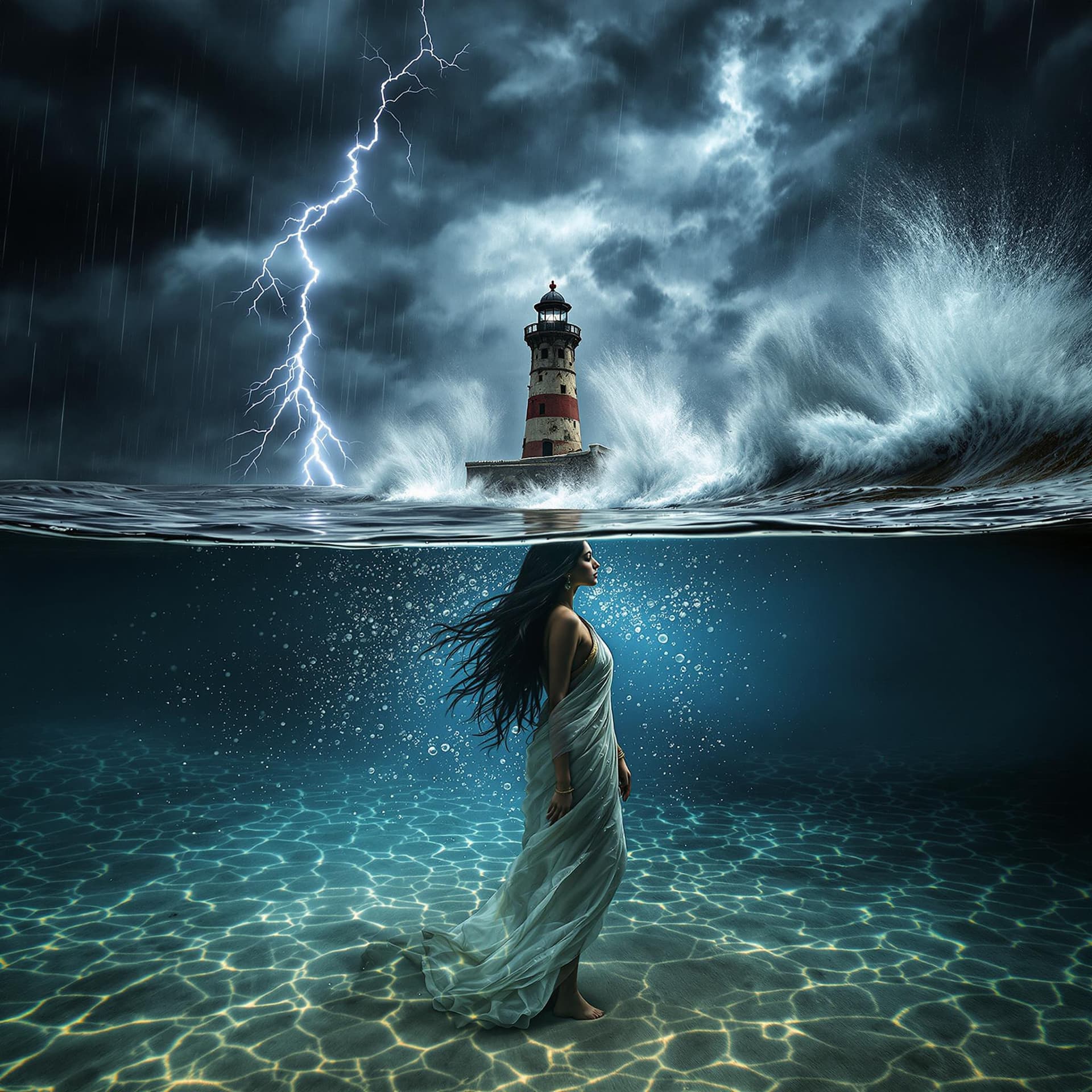 AI generated: A cinematic split-frame composition where the lens is half-submerged underwater. Half of the body is...