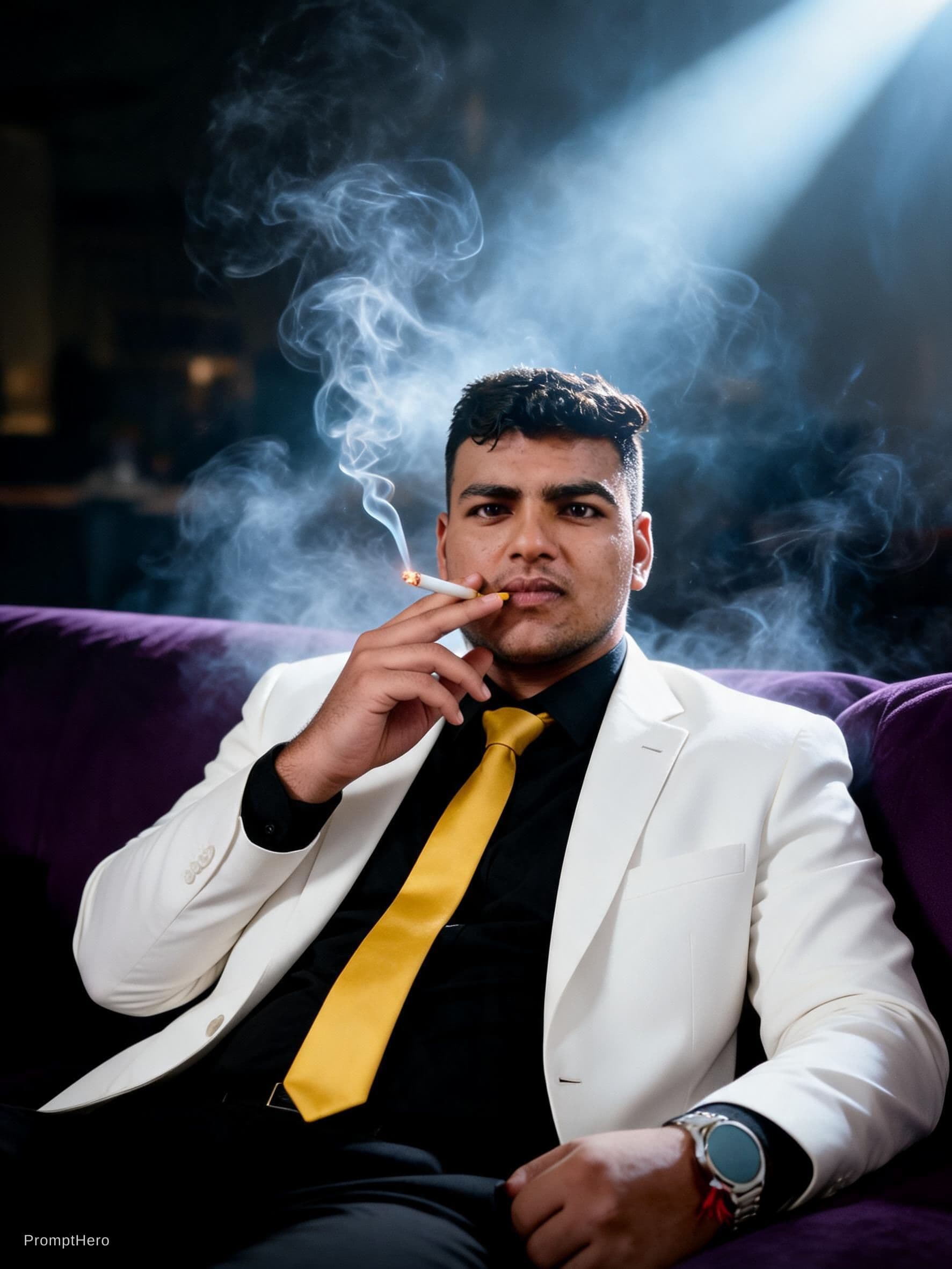 AI generated: snapshot, dimly lit room with a hazy atmosphere, capturing a male model lounging on a deep purple co...