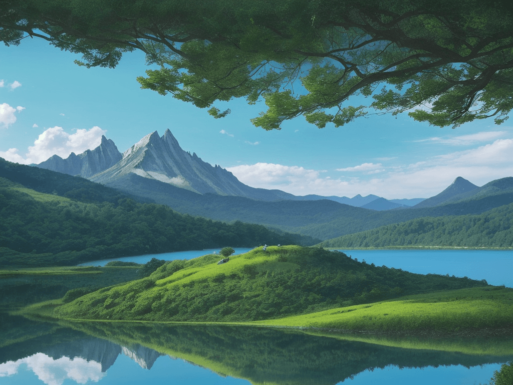 AI generated: The background of the image is a breathtaking sight, with a majestic lake that reflects the vibrant ...