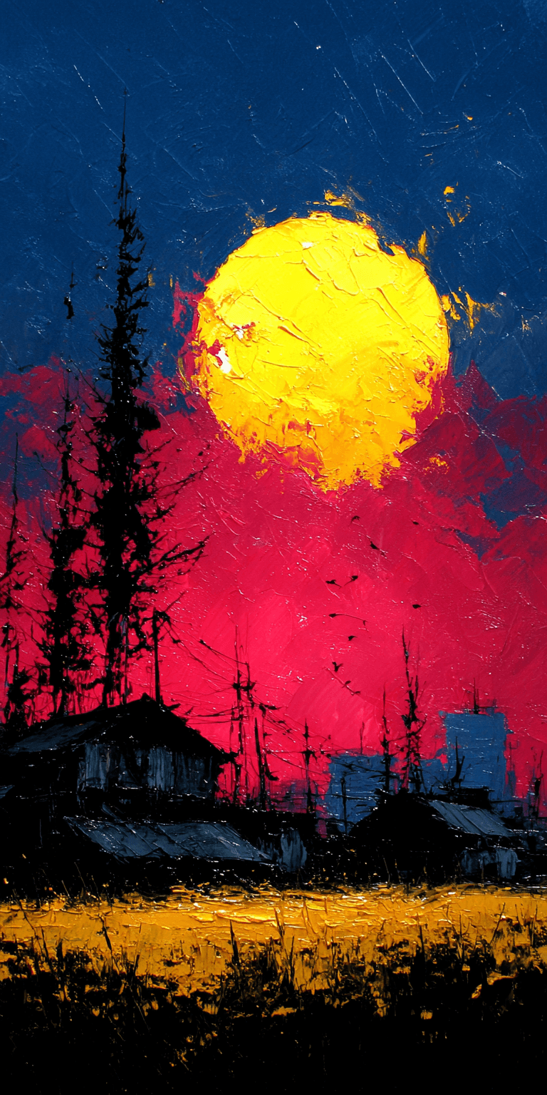 AI generated: sunset, palette knife technique, heavy impasto --chaos 75 --ar 1:2 --profile x3fq9up --stylize 750