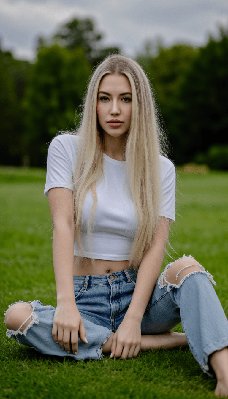 AI generated: A beautiful European woman sits effortlessly on the lush green grass of a perfectly manicured lawn, ...