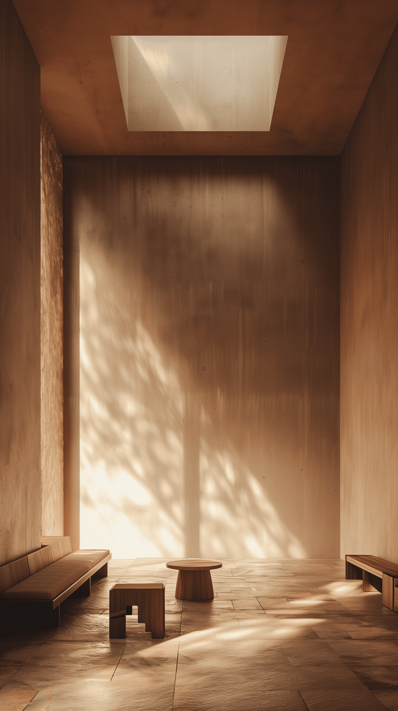 AI generated: photography, minimalist interior space bathed in golden light from an expansive square light fixture...
