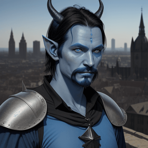 AI generated: realistic blue man with medium length black hair and pointy ears with devil horns with facial hair w...