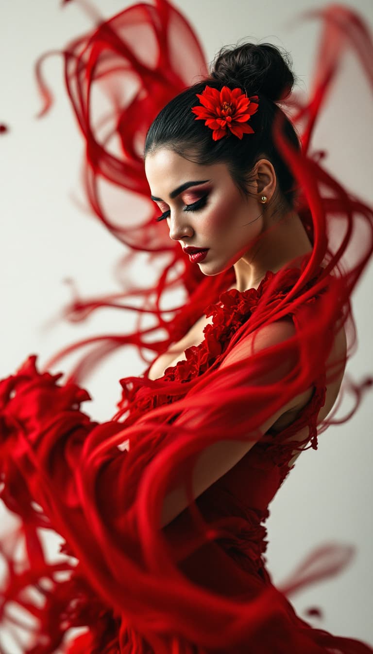 AI generated: A dynamic and fluid portrait of a captivating Spanish flamenco dancer. She’s frozen mid-movement, he...