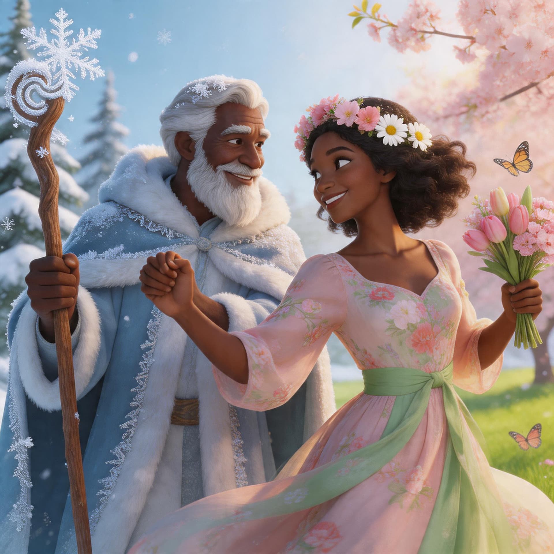 AI generated: It's a day when a dark-skinned Old Man Winter and a dark-skinned Miss Spring are doing their final d...
