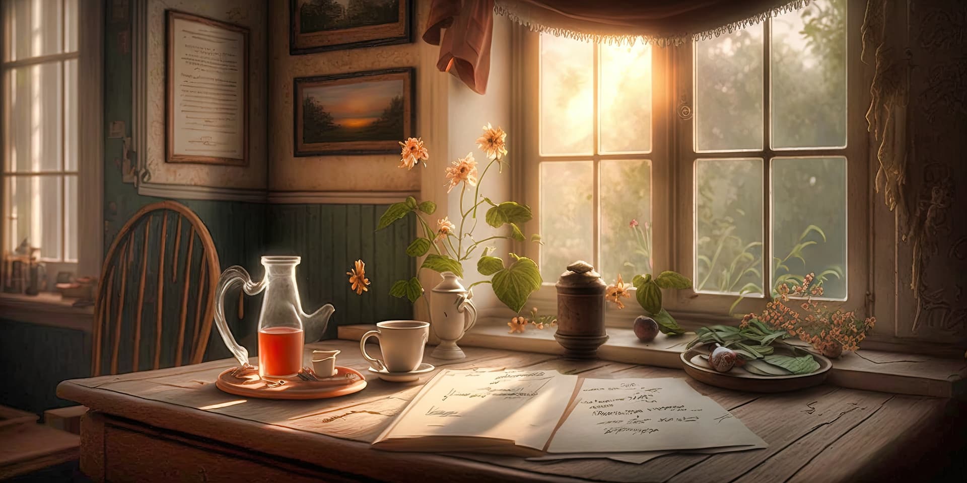 AI generated: table, chair, textbooks, notebook, pen, opened window, forest outside the window, tulle curtains flu...