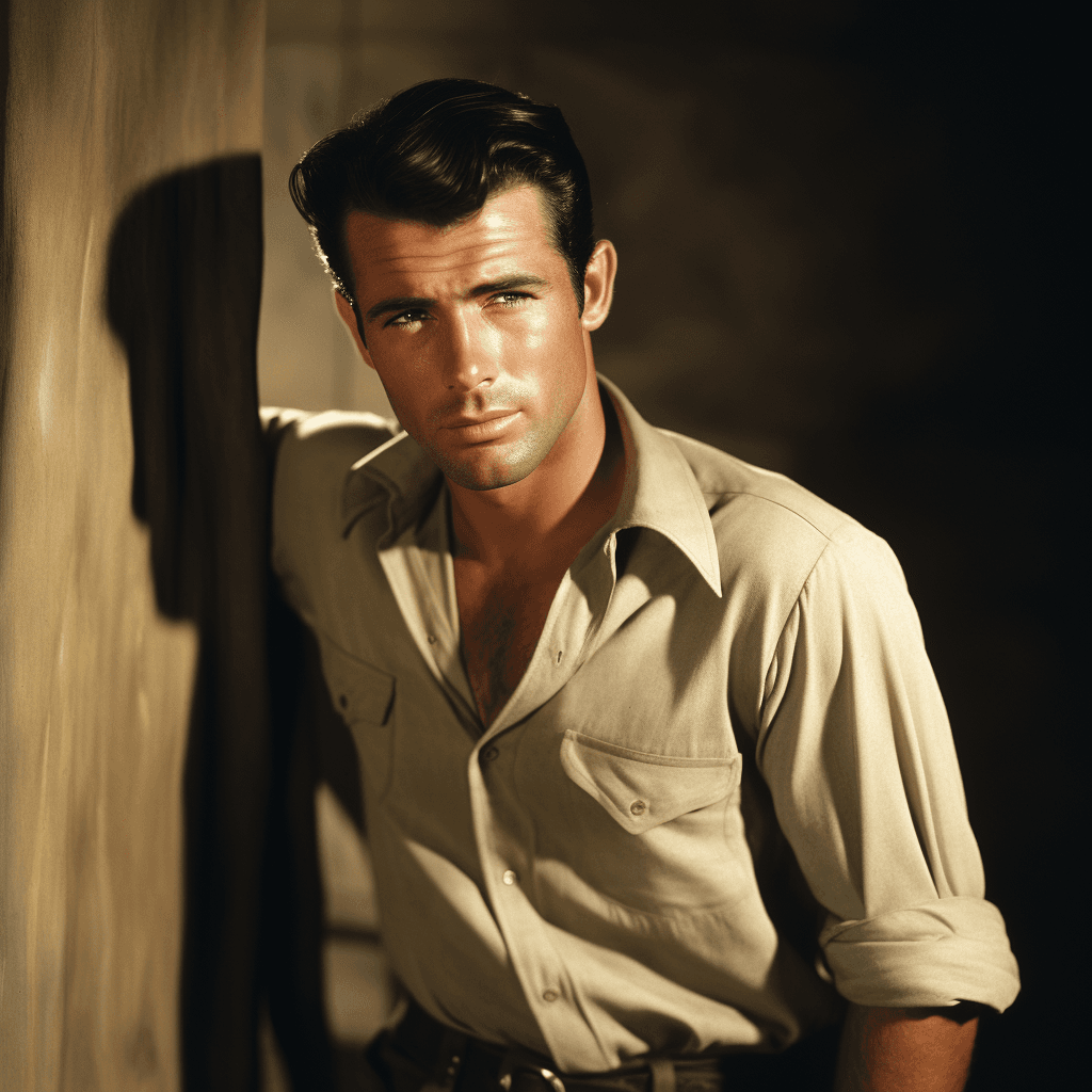 AI generated:  hollywood, mustache, black wavy hair, muscular, standing, wearing a stetson, perfect eyes, revealin...