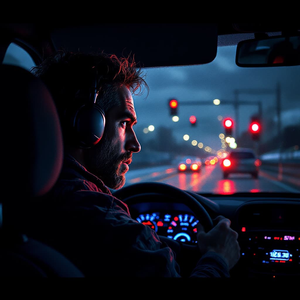 AI generated: Driver: Frustrated stopped and Looking at red lights