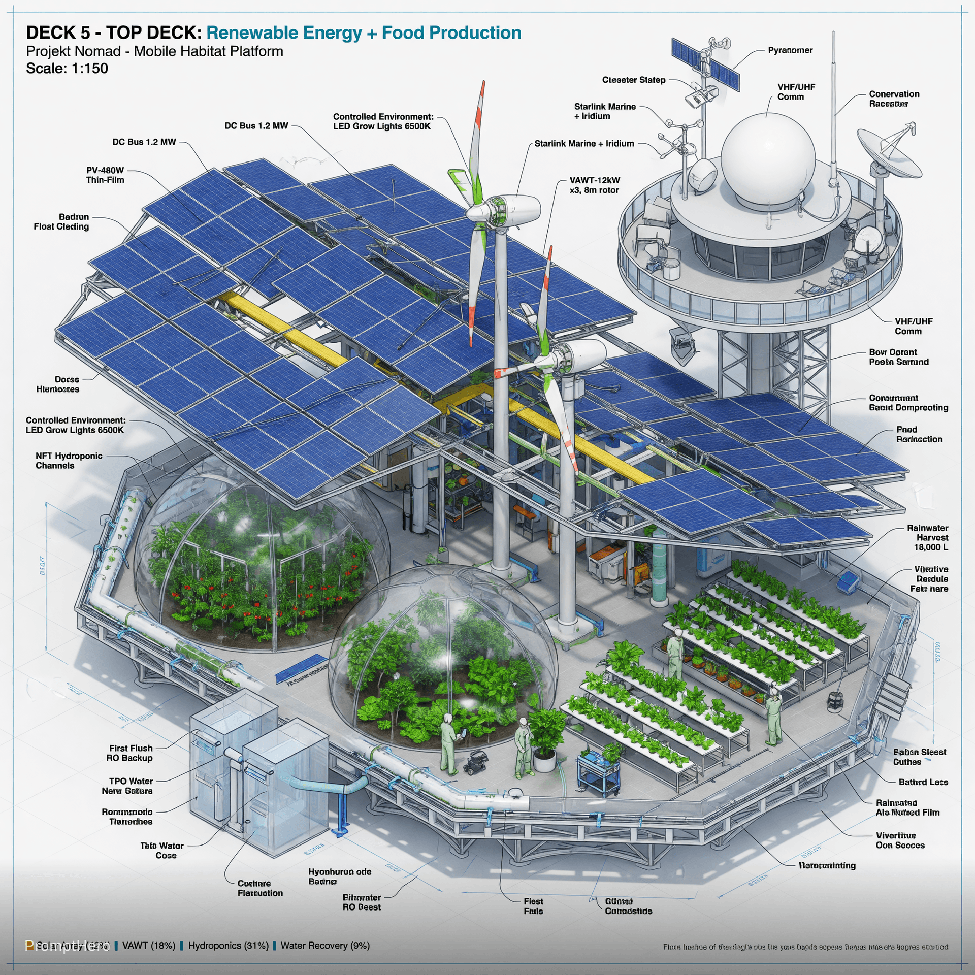 AI generated: Highly detailed technical cutaway isometric view of Deck 5 (Top Deck) of Projekt Nomad, clean engine...
