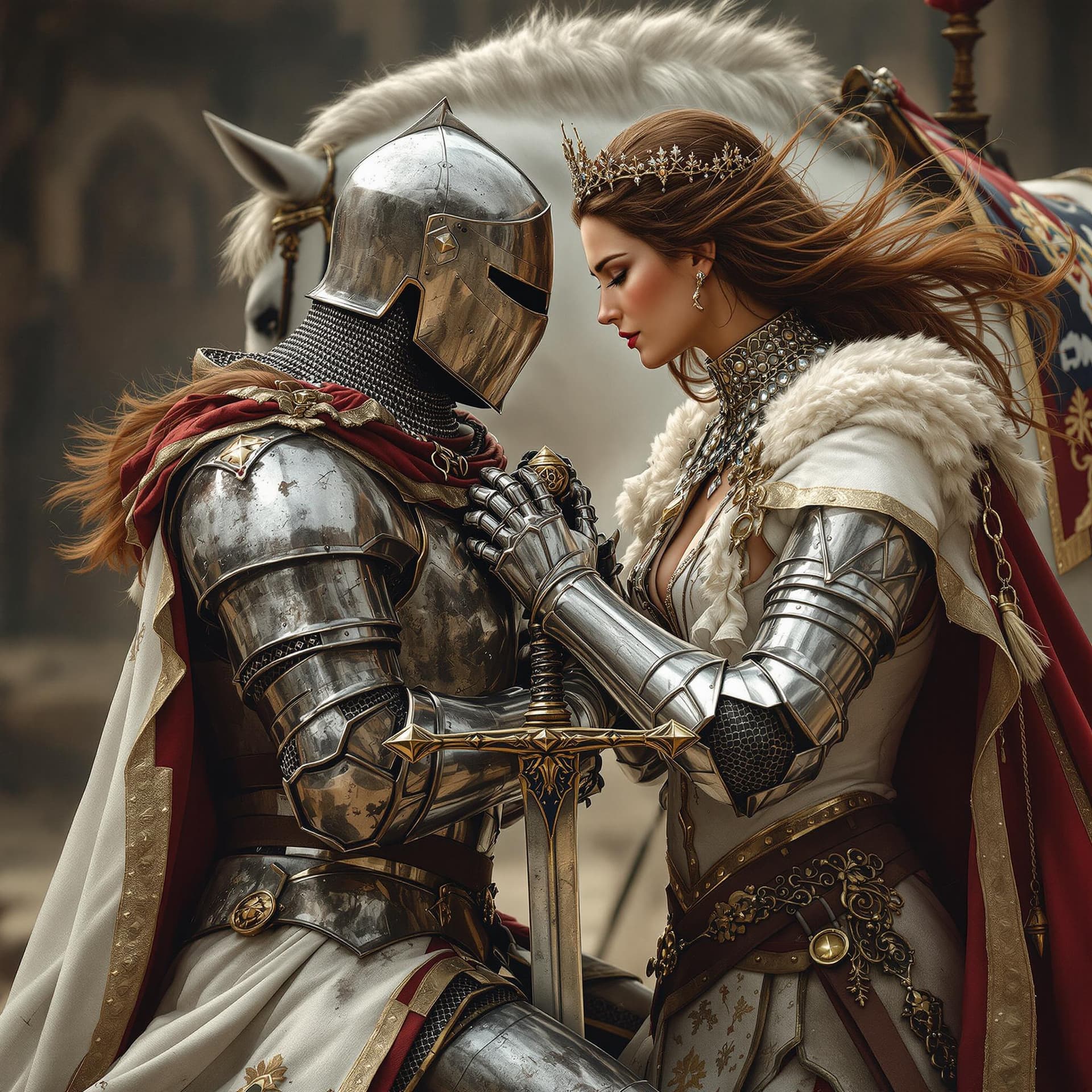 AI generated: An ultra-realistic, zoomed out,  full-body portrait of a noble Knight in battle damaged silver armor...