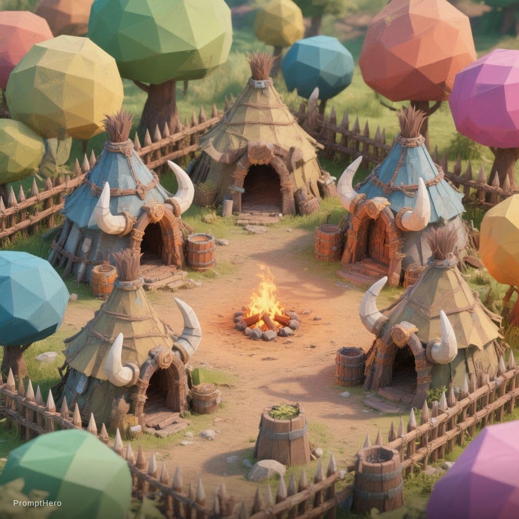AI generated: low poly 3D Orc village environment, game asset, colorful stylized, round trees, cone-shaped huts wi...