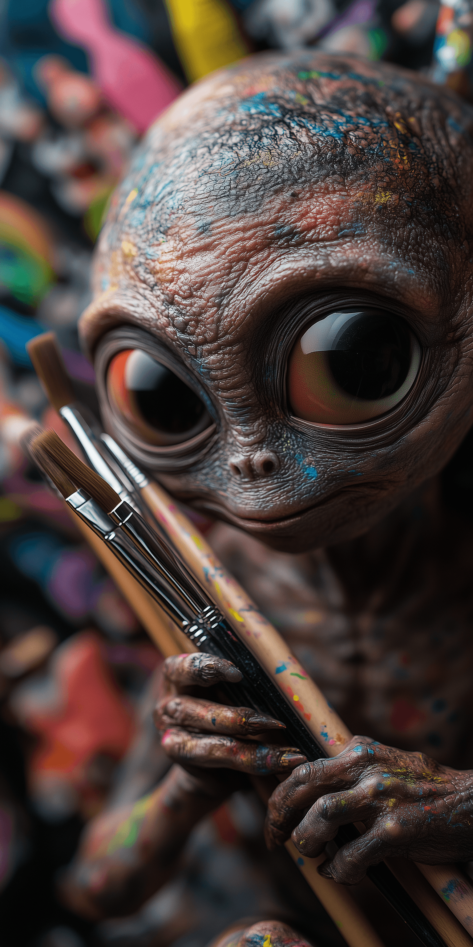AI generated: A close-up of an alien with big eyes holding paintbrushes and painting. The background is full of co...