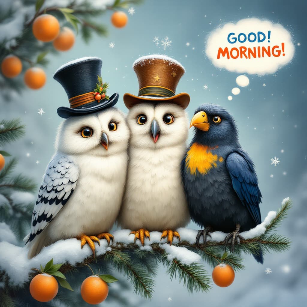 AI generated: Airbrushed oil painting, Disney Pixar style, depicts three funny, cartoon birds polar owl, colorful ...