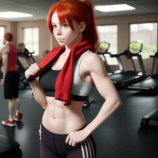 AI generated: Red haired girl at a gym, standing up, holding a towel around her neck