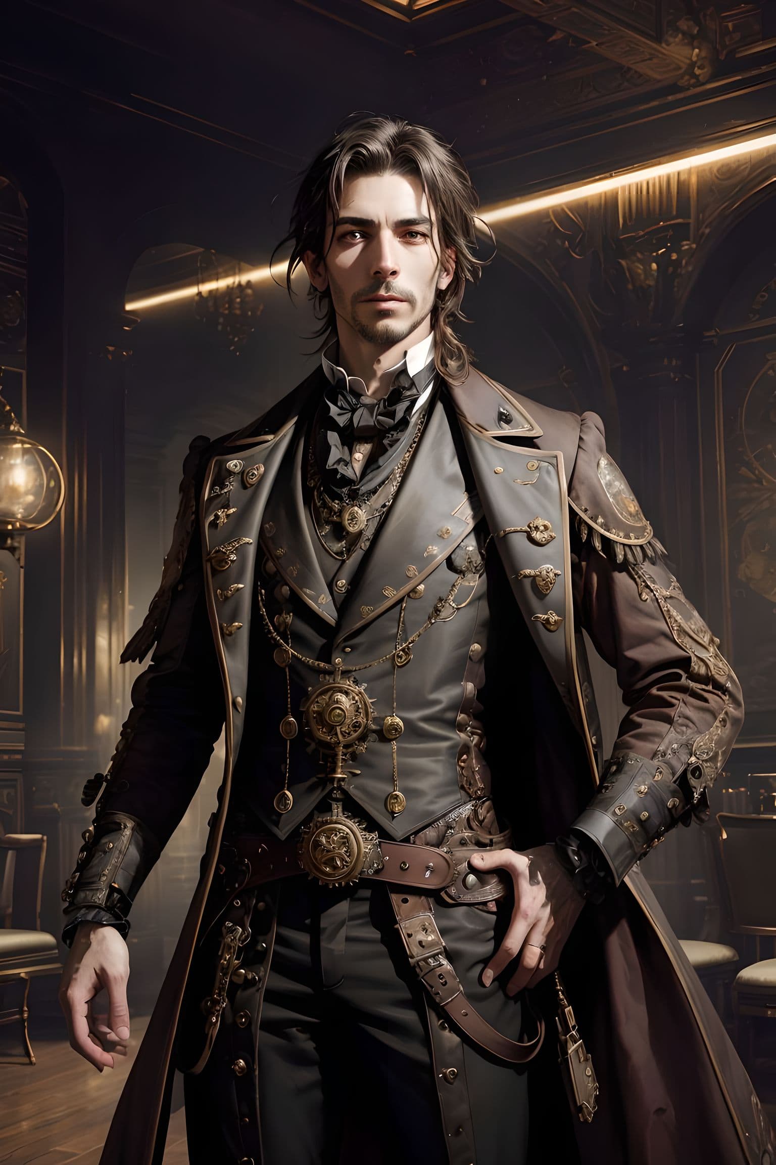 AI generated:  Victorian era,(steampunk theme), centered, official artwork, (a man:1.5), random hair, steampunk su...