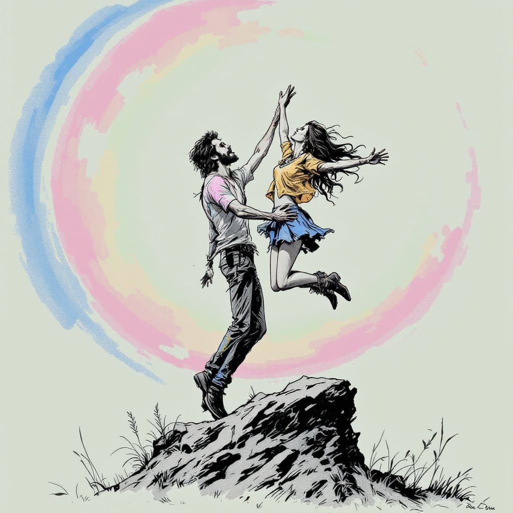 AI generated: 
A hippie and his girlfriend sketch from, the 60's of the two of them rising up from the sketch.