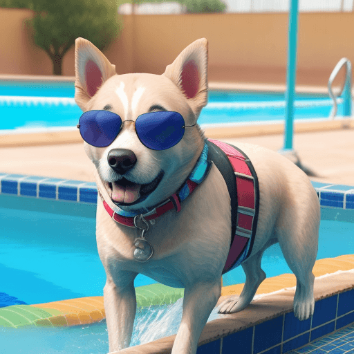 AI generated: Un perro con gafas saltando en una piscina 