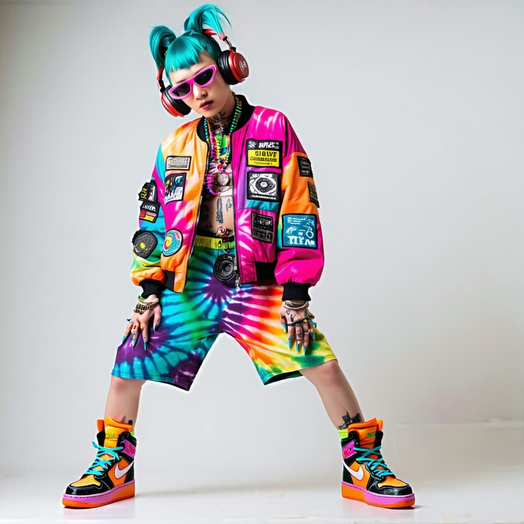 AI generated: a person posing in an eclectic and colorful outfit. They are wearing a vibrant jacket with patches, ...