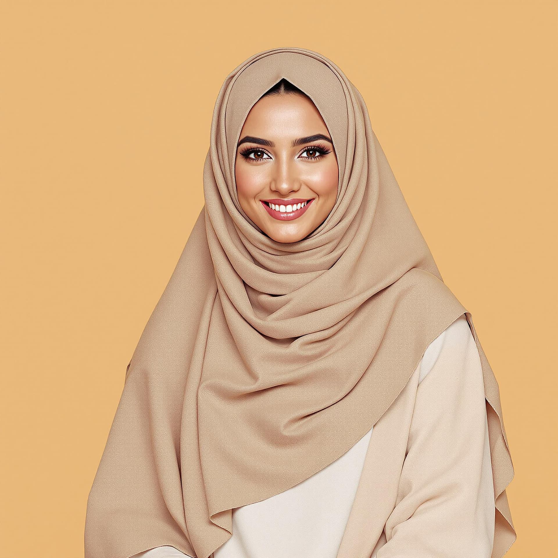 AI generated: Full-length portrait of a regular arab woman 30 posing confidently against a warm beige backdrop.