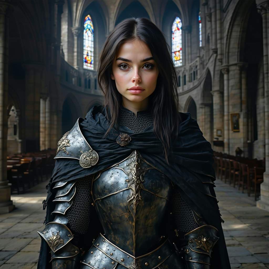 AI generated: portrait in three-quarter waist to head shot, dark fantasy film style, stunningly beautiful slender ...