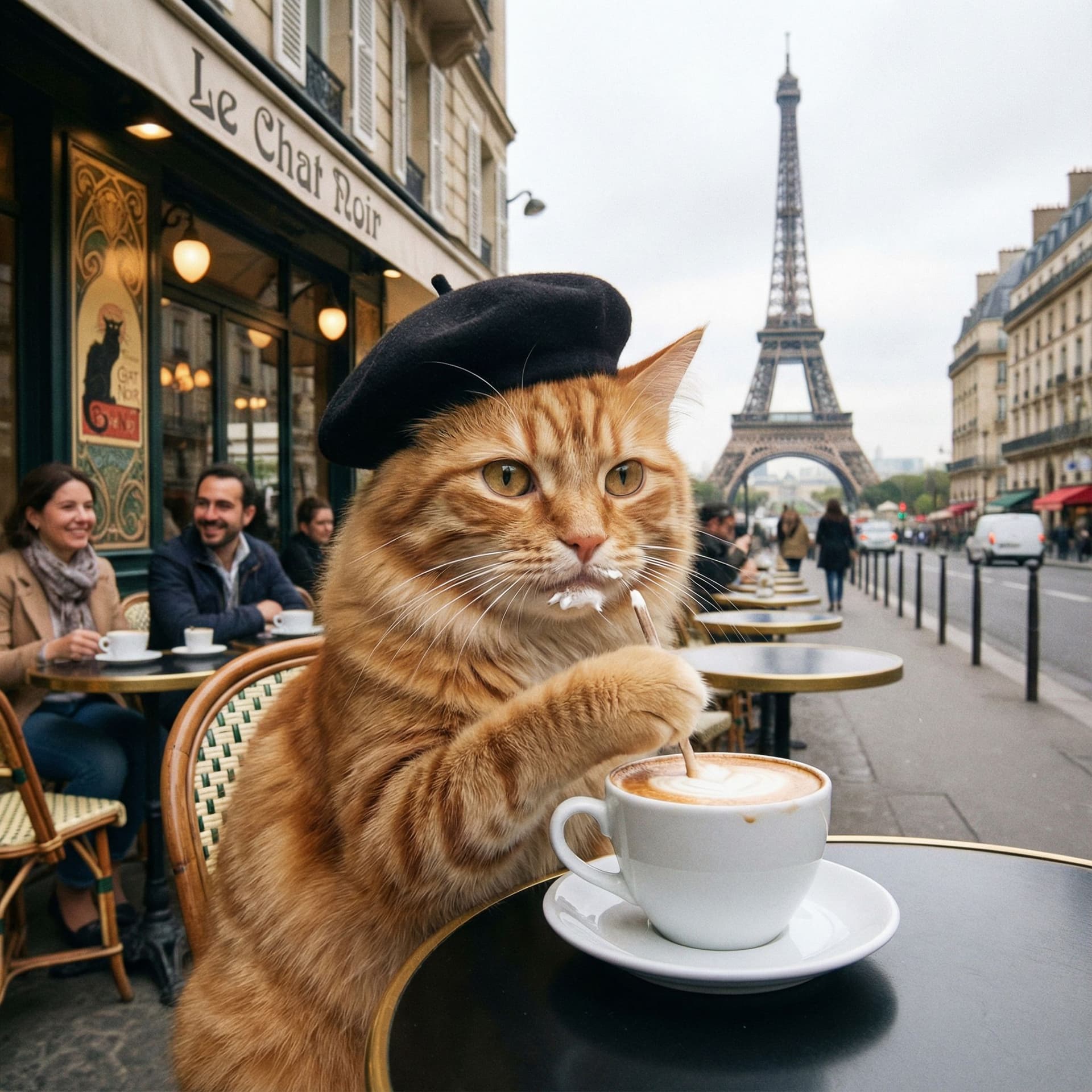 AI generated: A cat sipping a cappuccino in Paris