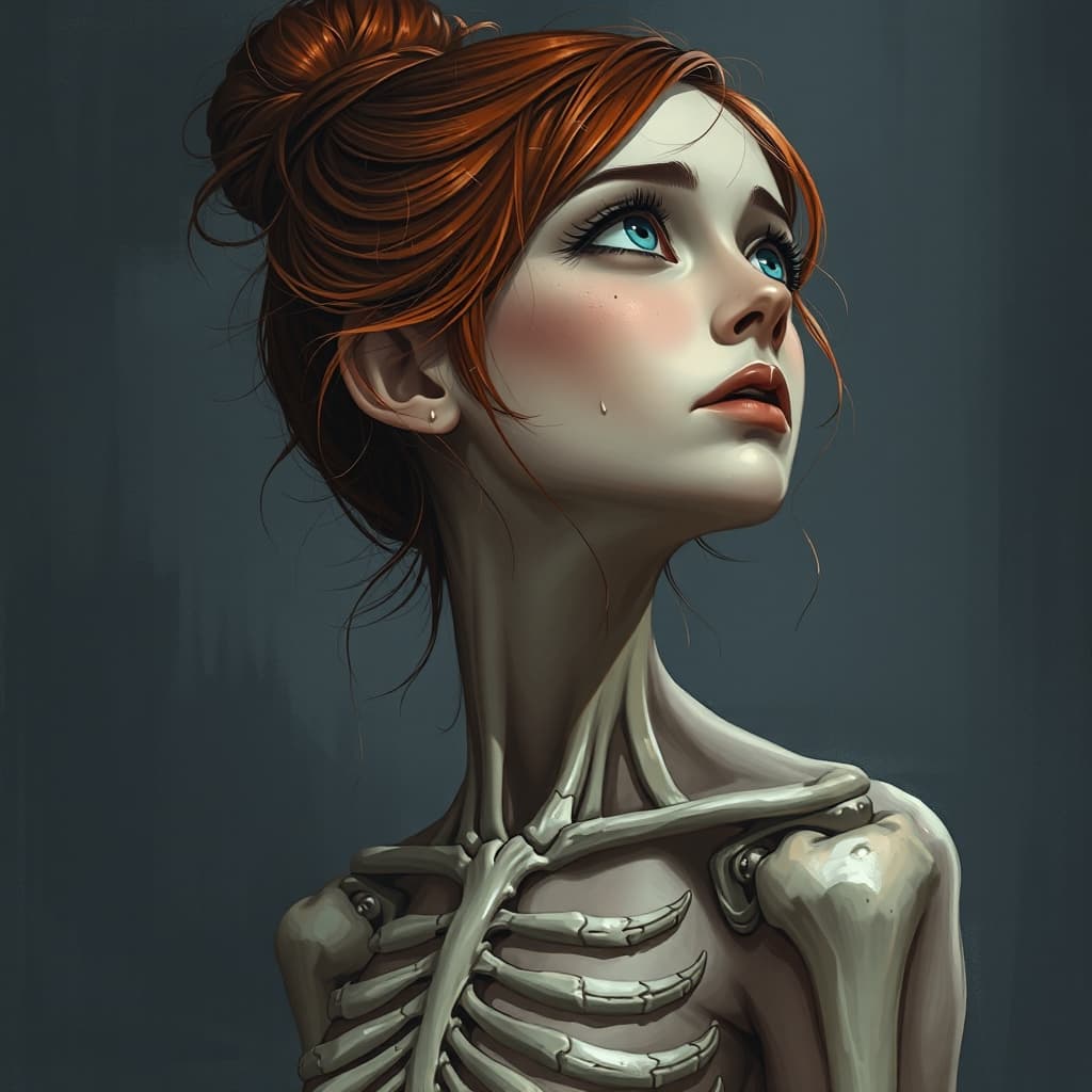 AI generated: A young Caucasian woman is depicted in a three-quarter profile view, looking upwards and to her righ...