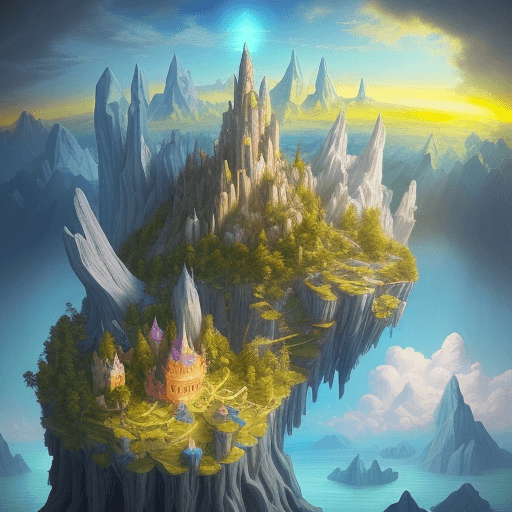 AI generated: mystical Sky Island,Embark on a journey against a yellow backdrop,in mid-air,a colossal withered tre...