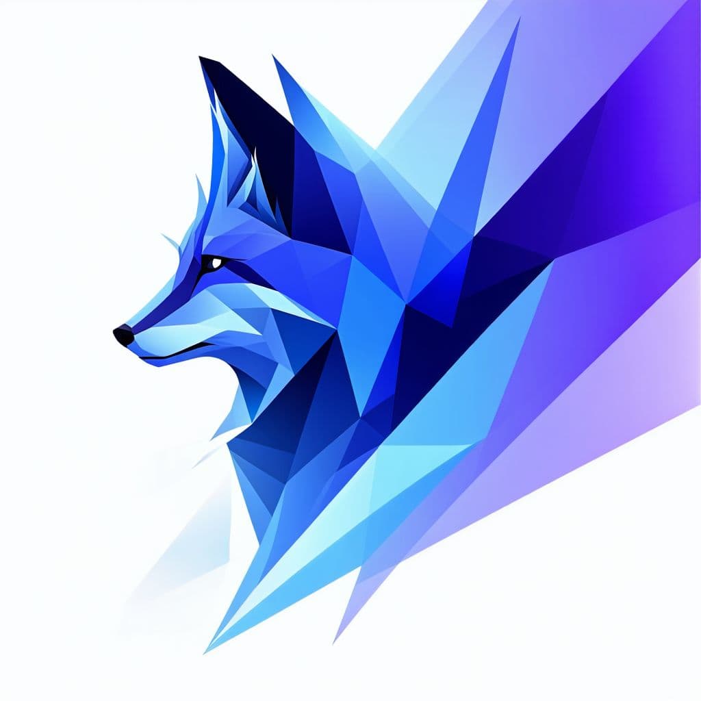AI generated: Minimalist geometric fox logo, abstract and modern design, sleek angular shapes, soft blue and purpl...