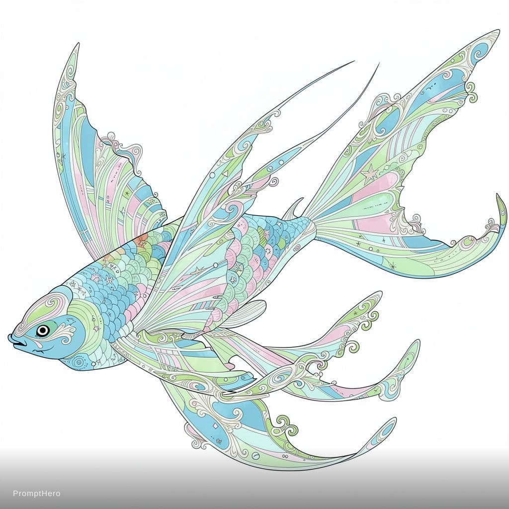 AI generated: A surreal illustration of a flying fish, psychedelic, in the style of John Bauer, light blue and lig...