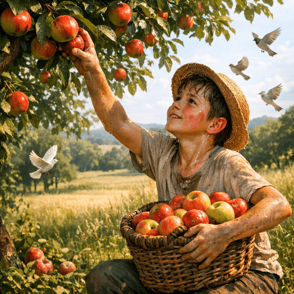 AI generated: Trees near open meadow, fresh fruits hanging, boy picking fruits and filling basket, sweat and hard ...