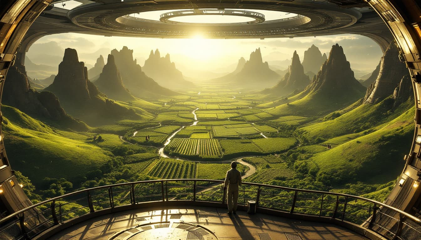 AI generated: A breathtaking view from inside a massive Von Braun Wheel space station, inspired by the works of Ar...