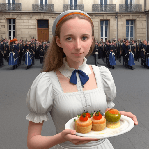 AI generated: Élisabeth Borne  tres vielle, nommé a l'academie francaise en habit de parade. un plateau avec gatea...