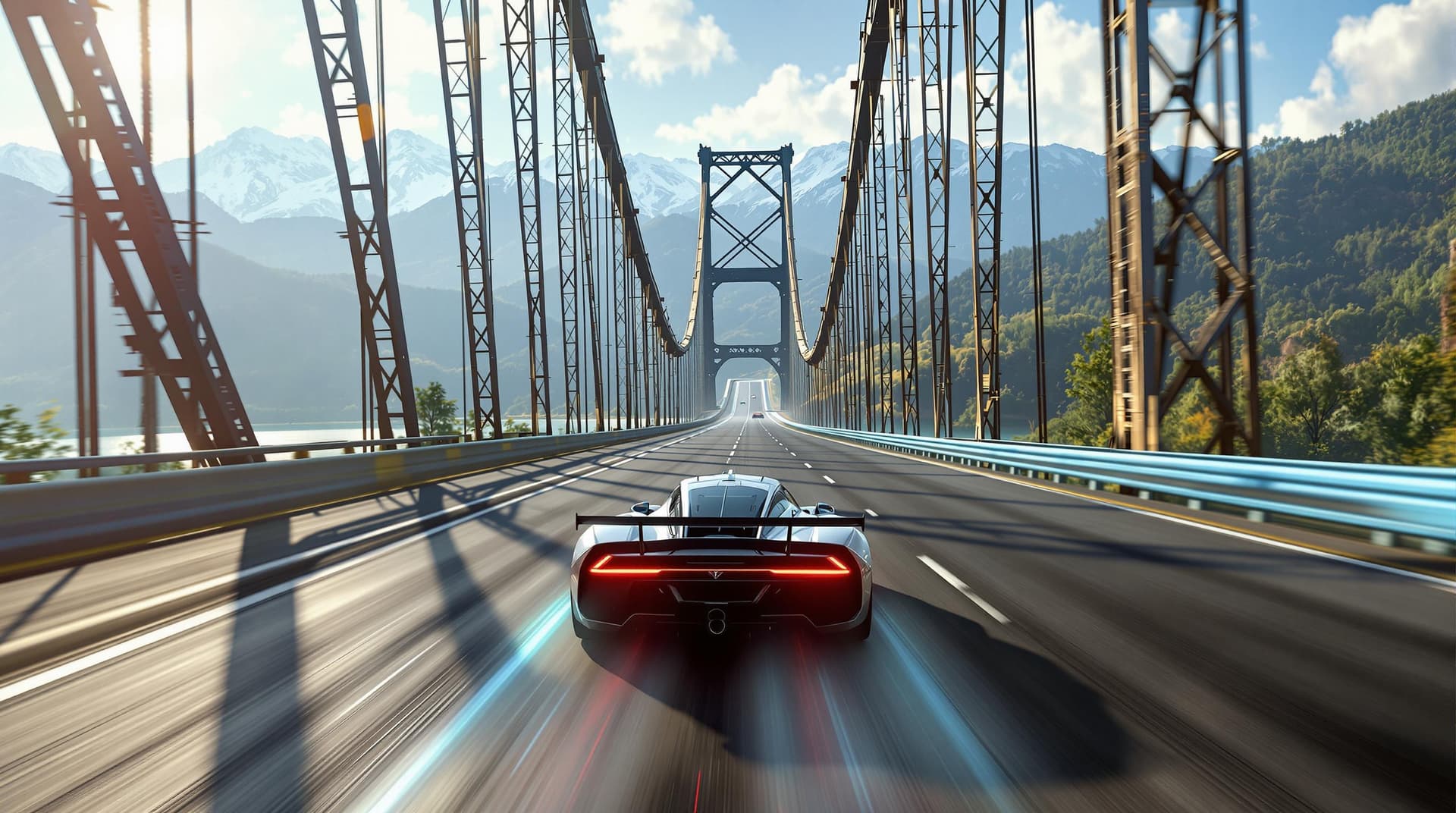 AI generated: Summer.  The race track climbs up to the Bulge Bridge. The leading car begins to climb up the bridge...