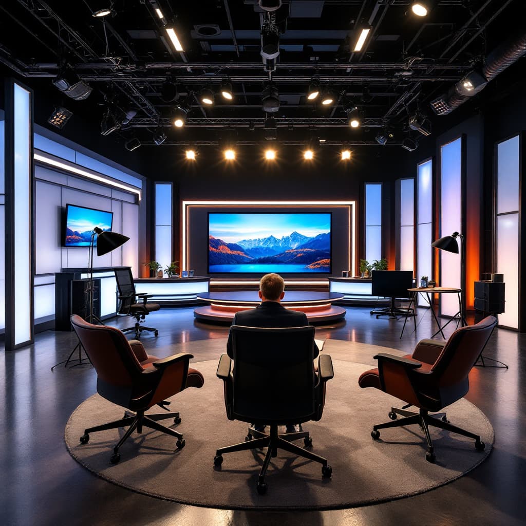 AI generated: 
a presenter on a chair, a spacious TV studio with a frontal view, Herman Miller Aeron armchairs, Ar...