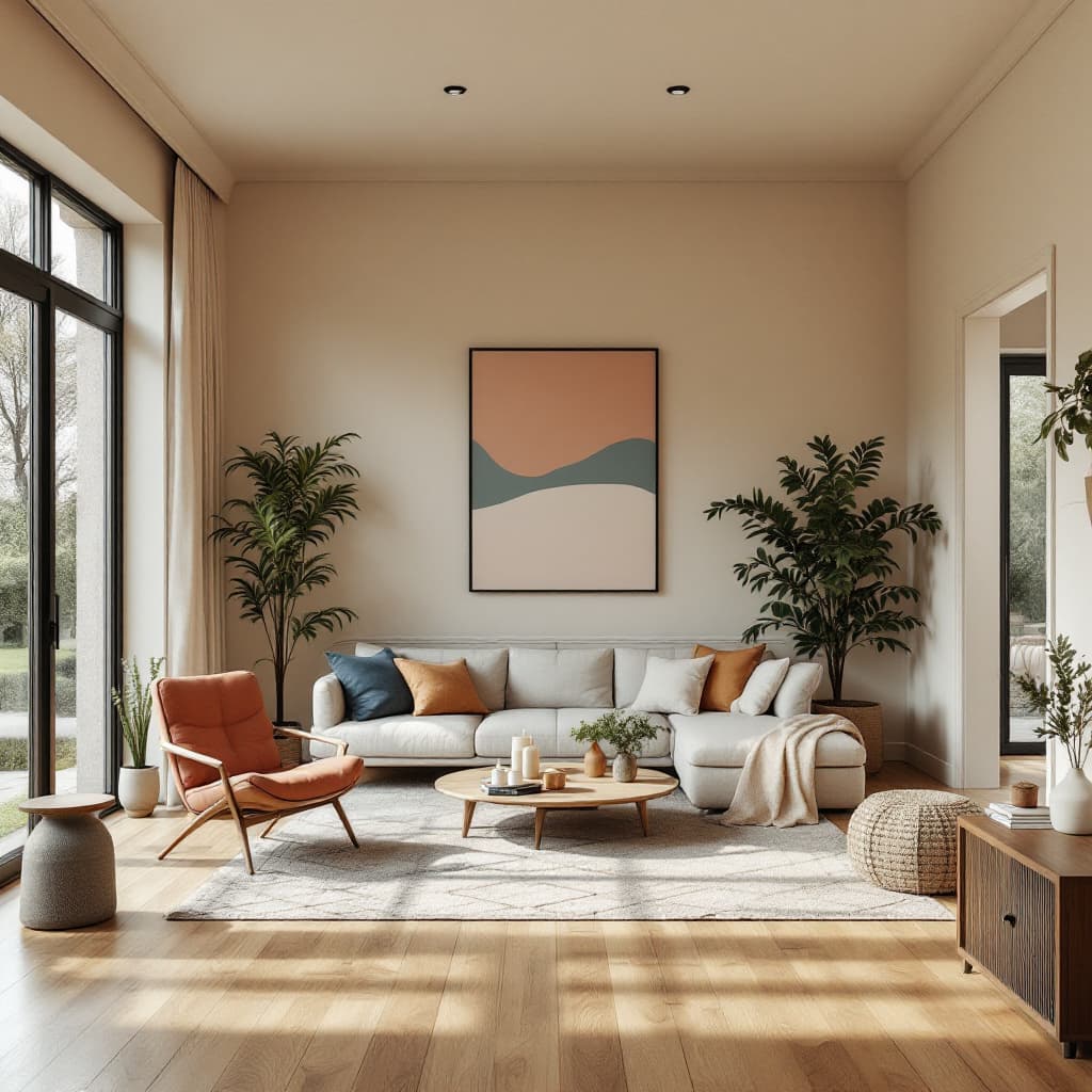 AI generated: High resolution photography interior design, dreamy sunken living room conversation pit, wooden floo...