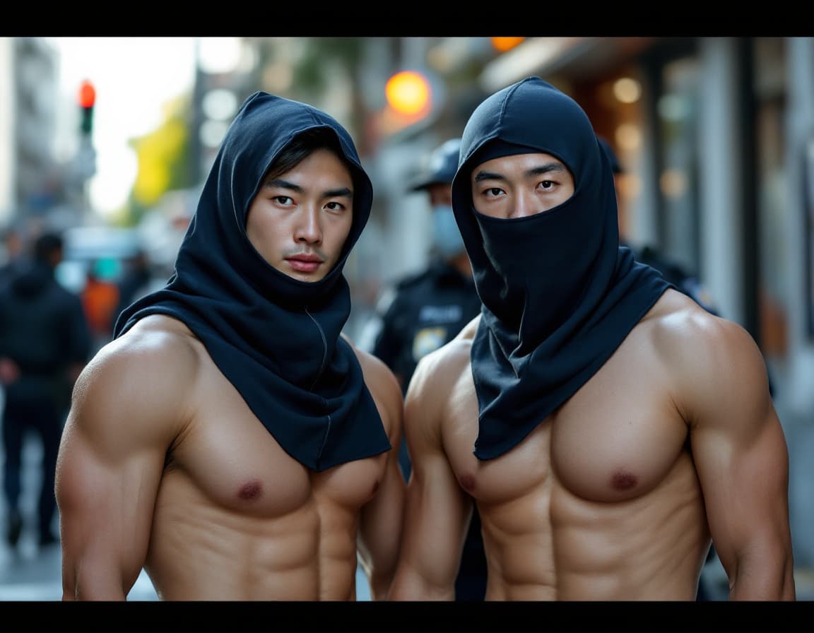 AI generated: Two muscular handsome male Asian Chinese swimmers wear tight dark navy compression jammers and were ...
