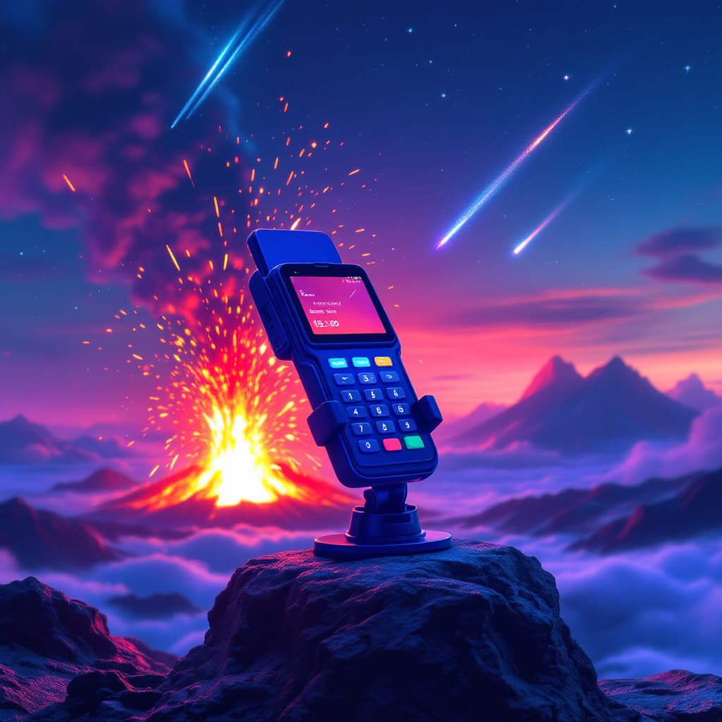 AI generated: Holder for a payment terminal on a rock against the backdrop of a volcanic eruption and meteor showe...