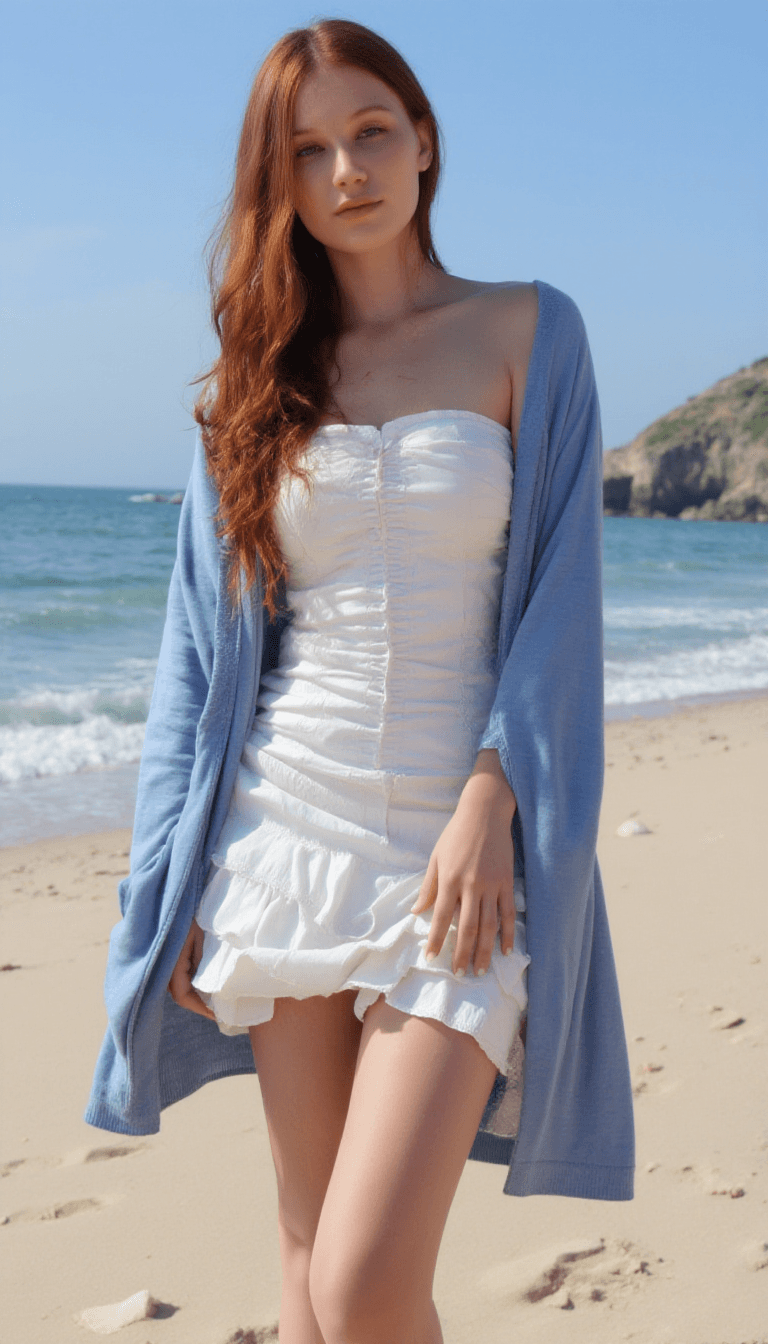 AI generated: Create an image of a fit adult woman standing on a sandy beach under a clear blue sky. She has long,...