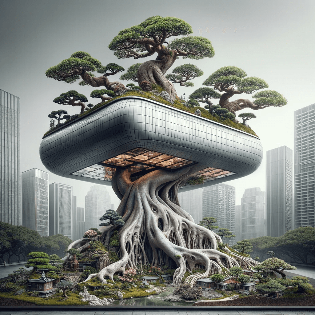 AI generated: Ultra-detailed Photography in a 4:3 ratio: A striking image showcasing a modern, surreal building ne...