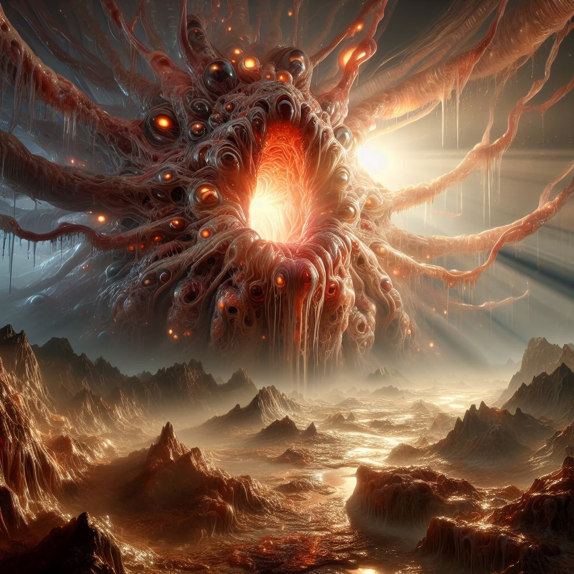 AI generated: A surealism landscape inspired by H.R.Giger, glowing,slimy,deformed, creatures,biomechanical, high d...