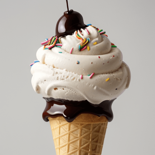 AI generated: image of an ice cream cone with scoops of different flavors topped with sprinkles, cherries, and cho...
