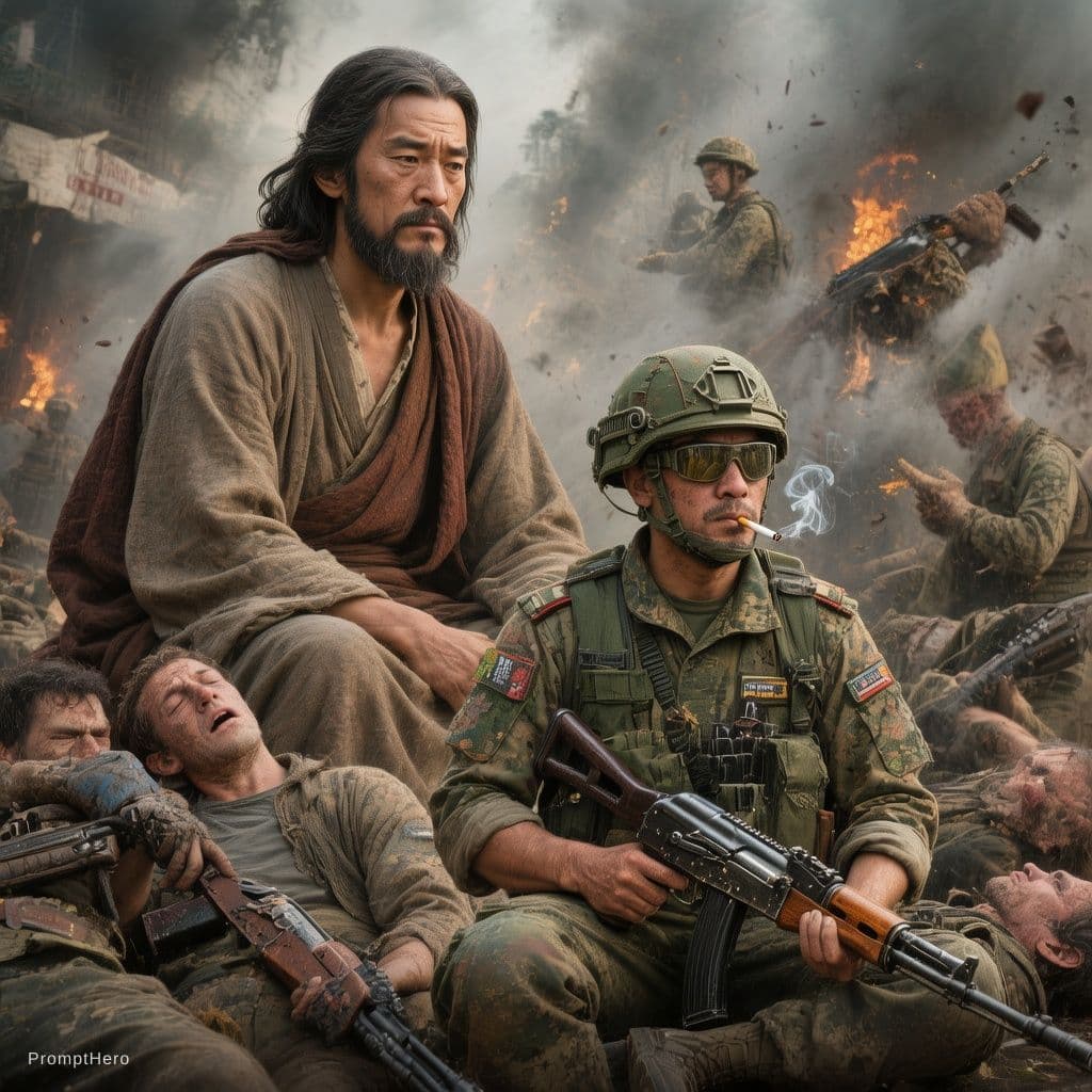 AI generated: lets create a joke meme .. the main idea "keeping the peace" one scene a man sitting peacefully like...
