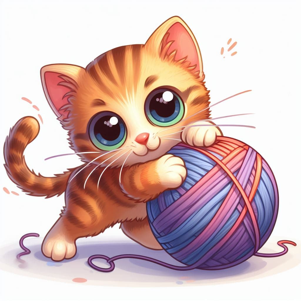 AI generated: Illustration of a mischievous, wide-eyed kitten playing with a ball of yarn.