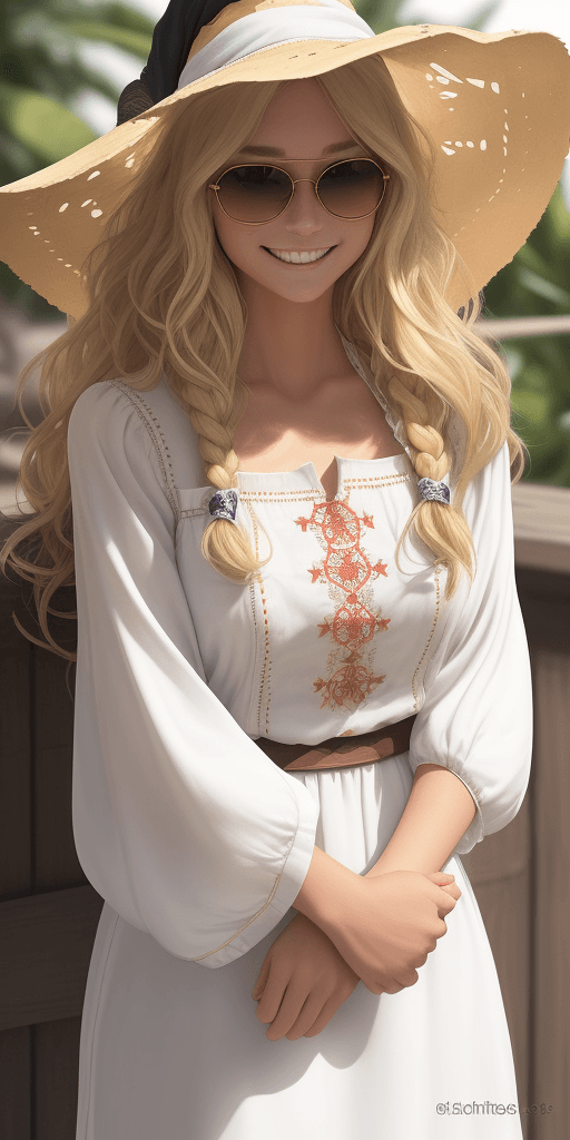 AI generated: solo focus, (perfect face, shy smile:1. 1), (high detail:1. 1), (romantic, 1. 5), (long wavy Blonde ...