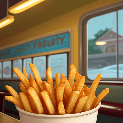 AI generated: An extraordinary cartoon depiction of golden fries potatoes, bathed in a warm and inviting glow, rem...
