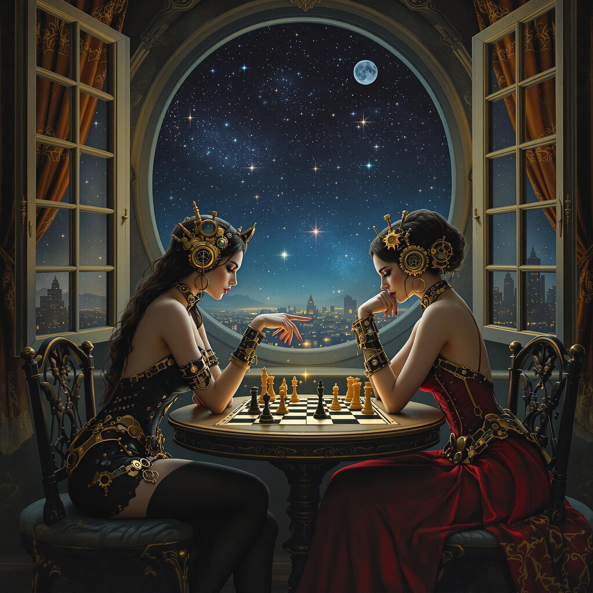 AI generated: 2 beautiful steam punk women sitting at a table playing chess with an open window that shows the sta...