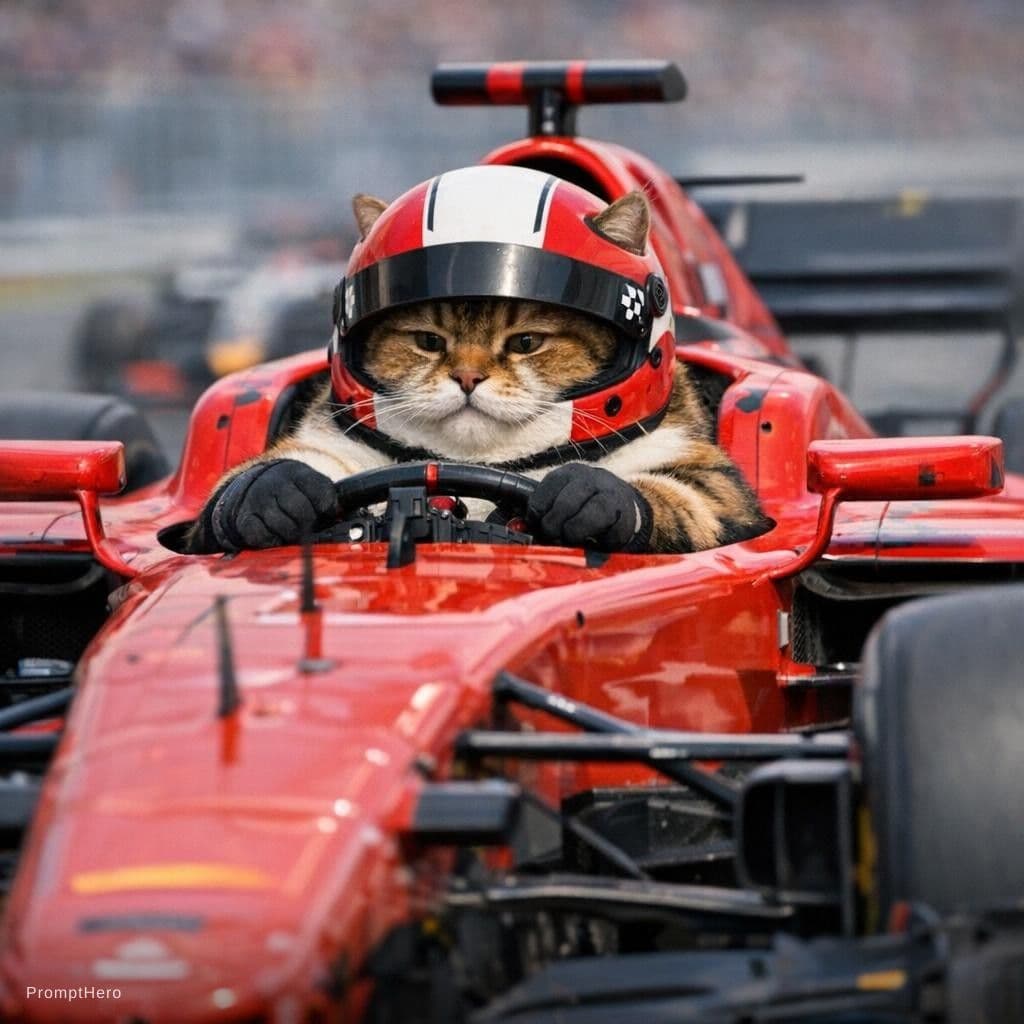 AI generated: a fat cat driving a Formula 1 car
