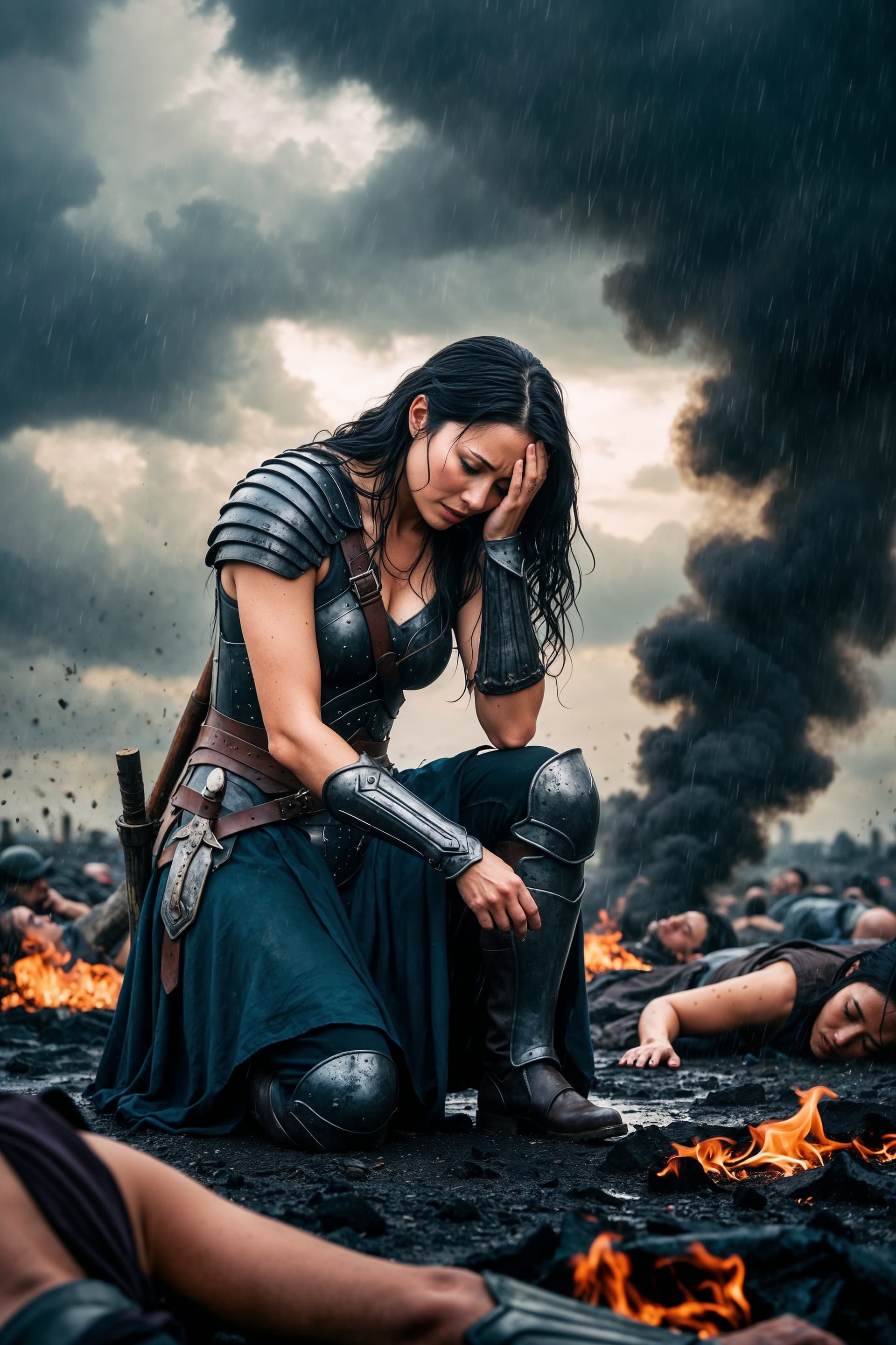 AI generated: a kneeling warrior woman looks down, she is very sad because she has lost the war, her friends are a...