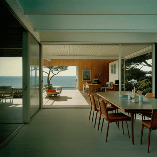 AI generated: Hyper realistic eye level exterior photo of a mid century modern style house overlooking the ocean, ...