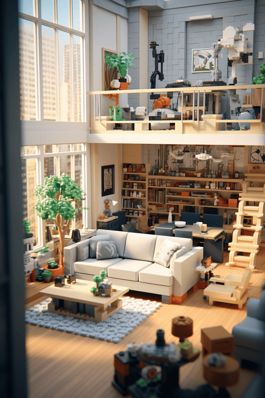 AI generated: The interior of a  Lego house in a living room scene, lego set, highly detailed, lego futniture, int...